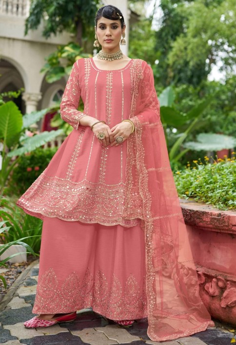 Pink Chinon Embroidered and Mirror Work Palazzo Salwar Suit